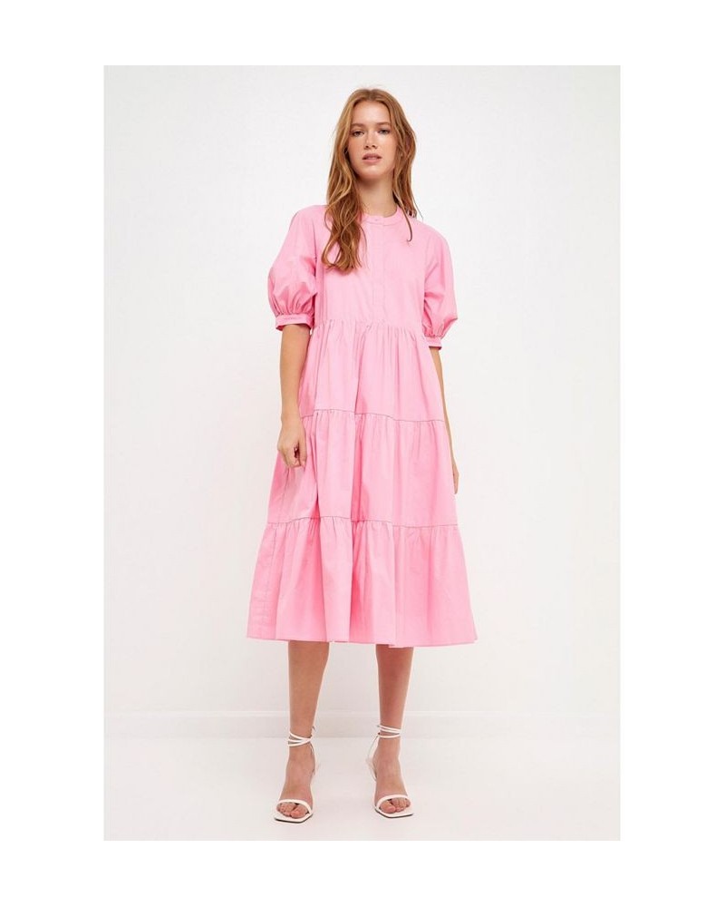 Women's Short Puff Sleeve Midi Dress Pink $47.00 Dresses