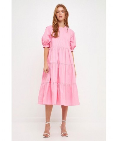 Women's Short Puff Sleeve Midi Dress Pink $47.00 Dresses