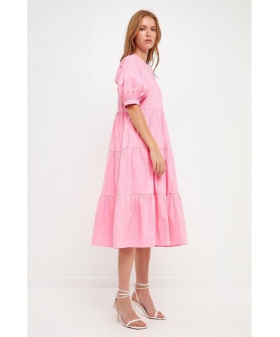 Women's Short Puff Sleeve Midi Dress Pink $47.00 Dresses