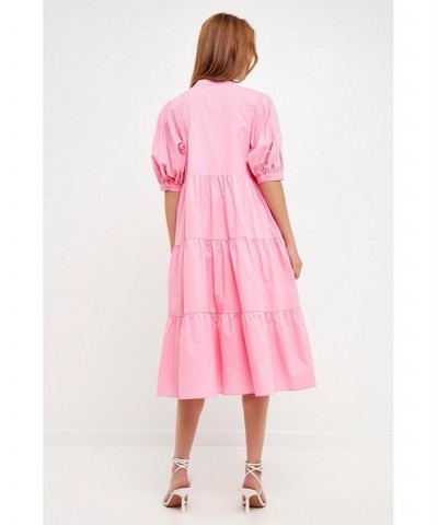 Women's Short Puff Sleeve Midi Dress Pink $47.00 Dresses