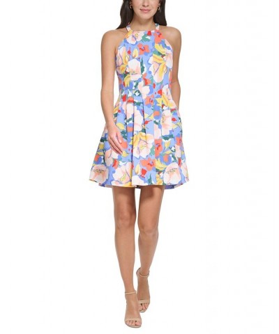 Women's Floral-Print Halter Fit & Flare Dress Blue $58.46 Dresses