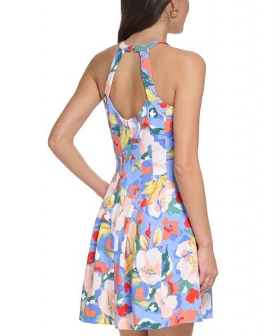 Women's Floral-Print Halter Fit & Flare Dress Blue $58.46 Dresses