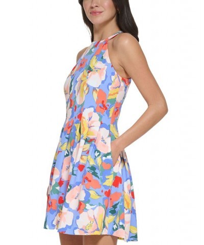 Women's Floral-Print Halter Fit & Flare Dress Blue $58.46 Dresses