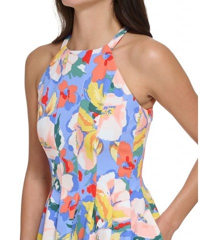 Women's Floral-Print Halter Fit & Flare Dress Blue $58.46 Dresses