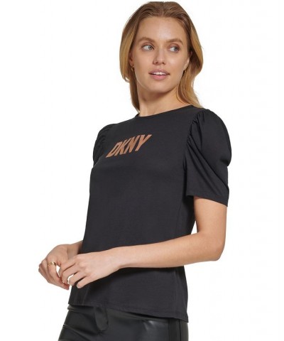 Women's Gold Foil Puff-Sleeve T-Shirt Black $36.57 Tops