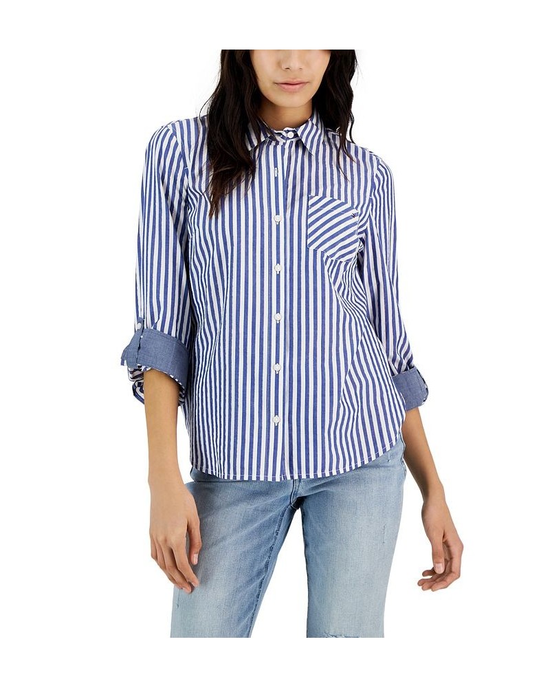 Women's Cotton Lurex Striped Roll-Tab Shirt Socialite Stripe- Blue/ White/ Gold $21.15 Tops