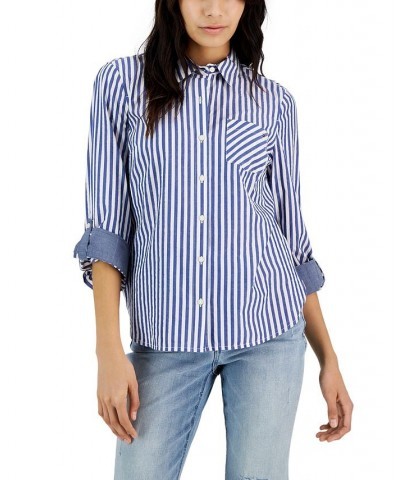 Women's Cotton Lurex Striped Roll-Tab Shirt Socialite Stripe- Blue/ White/ Gold $21.15 Tops