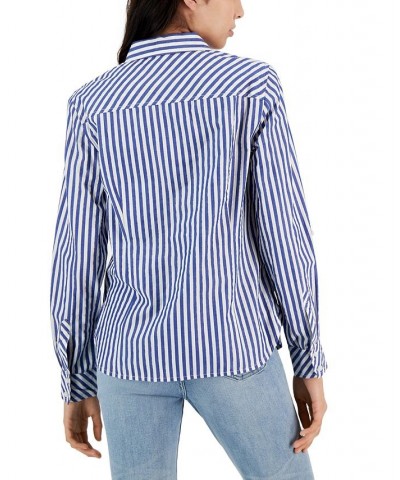 Women's Cotton Lurex Striped Roll-Tab Shirt Socialite Stripe- Blue/ White/ Gold $21.15 Tops