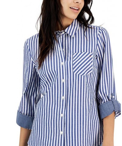 Women's Cotton Lurex Striped Roll-Tab Shirt Socialite Stripe- Blue/ White/ Gold $21.15 Tops