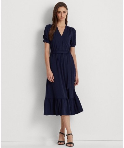 Women's Belted Stretch Jersey Surplice Dress French Navy $70.00 Dresses