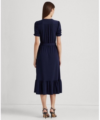 Women's Belted Stretch Jersey Surplice Dress French Navy $70.00 Dresses