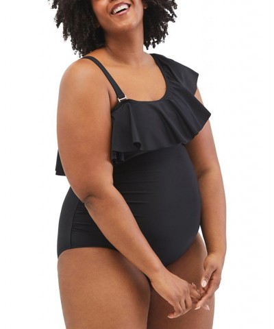 Plus Size Ruffle Front UPF 50+ One-Piece Swimsuit Black $26.66 Swimsuits