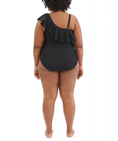 Plus Size Ruffle Front UPF 50+ One-Piece Swimsuit Black $26.66 Swimsuits