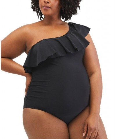 Plus Size Ruffle Front UPF 50+ One-Piece Swimsuit Black $26.66 Swimsuits