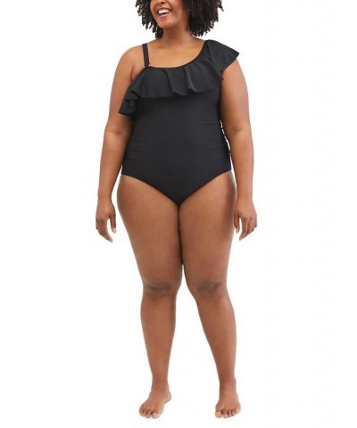 Plus Size Ruffle Front UPF 50+ One-Piece Swimsuit Black $26.66 Swimsuits