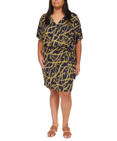 Plus Size Printed Faux-Wrap Dress Dark Blue $46.00 Dresses