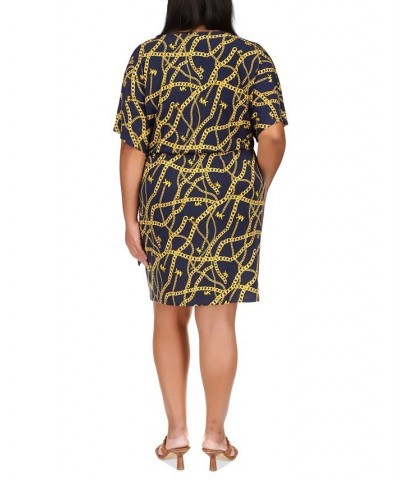 Plus Size Printed Faux-Wrap Dress Dark Blue $46.00 Dresses