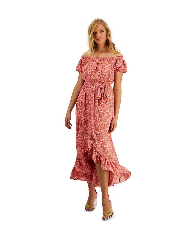 Women's Off-The-Shoulder Printed Puff-Sleeve Maxi Dress Bright Cherry Multi $34.80 Dresses