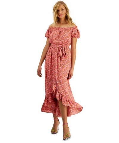 Women's Off-The-Shoulder Printed Puff-Sleeve Maxi Dress Bright Cherry Multi $34.80 Dresses