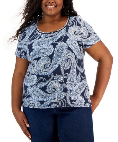 Plus Size Paisley Print Ladder Trim Top Sky Captain Multi $30.52 Tops