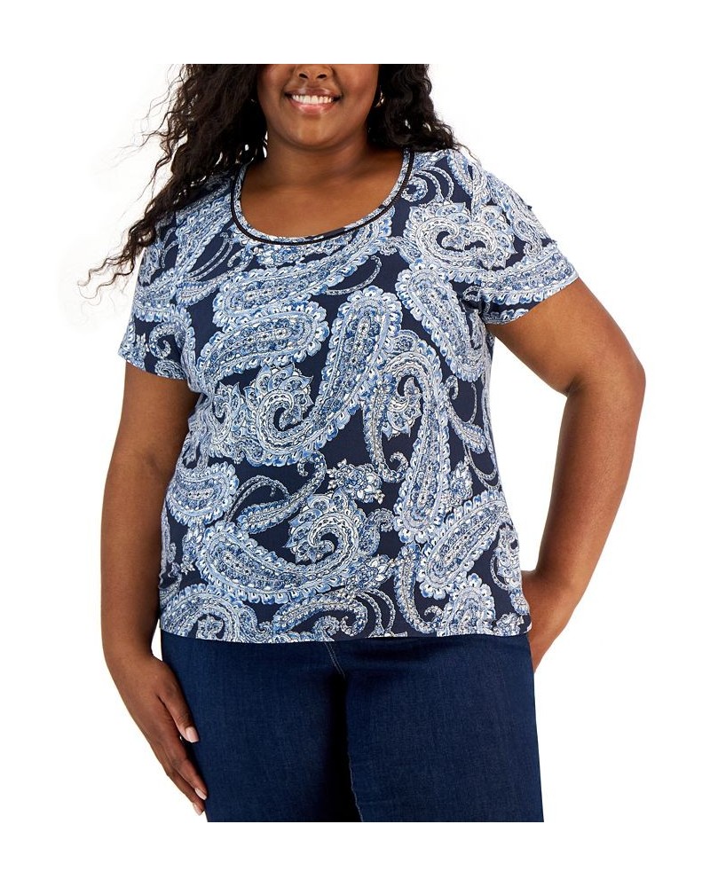 Plus Size Paisley Print Ladder Trim Top Sky Captain Multi $30.52 Tops