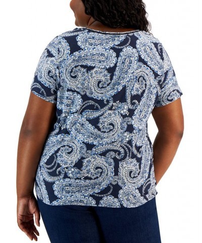 Plus Size Paisley Print Ladder Trim Top Sky Captain Multi $30.52 Tops