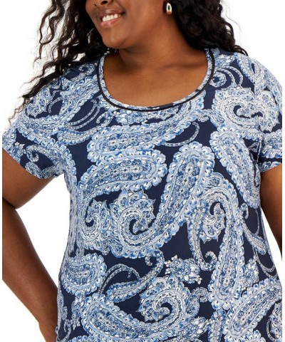 Plus Size Paisley Print Ladder Trim Top Sky Captain Multi $30.52 Tops