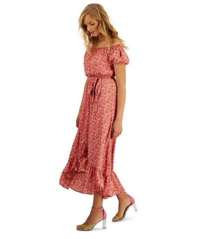 Women's Off-The-Shoulder Printed Puff-Sleeve Maxi Dress Bright Cherry Multi $34.80 Dresses