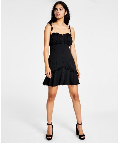 Women's Self-Tie-Strap Ruffle Mini Dress Deep Black $24.22 Dresses