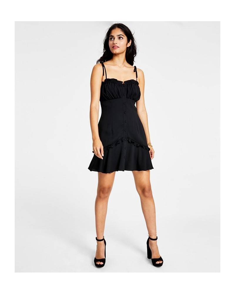 Women's Self-Tie-Strap Ruffle Mini Dress Deep Black $24.22 Dresses