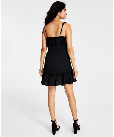 Women's Self-Tie-Strap Ruffle Mini Dress Deep Black $24.22 Dresses