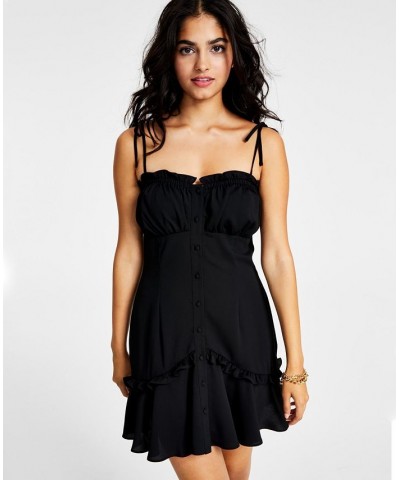 Women's Self-Tie-Strap Ruffle Mini Dress Deep Black $24.22 Dresses