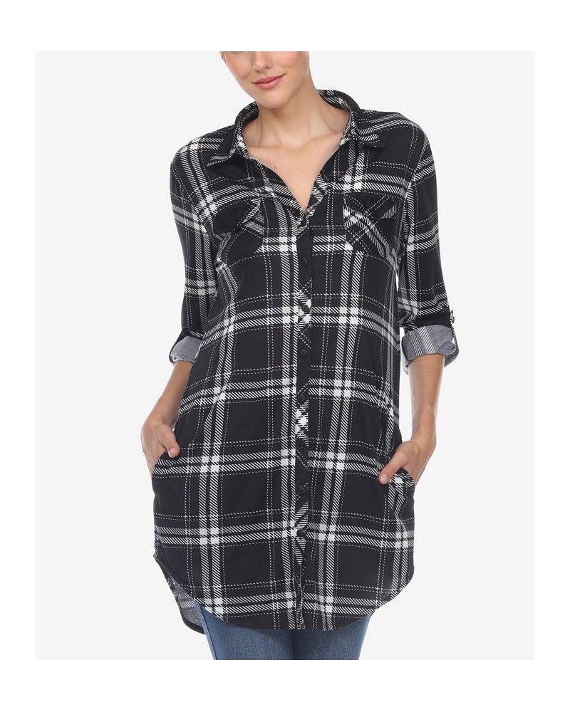 Women's Plaid Tunic Top Shirt Black $34.10 Tops