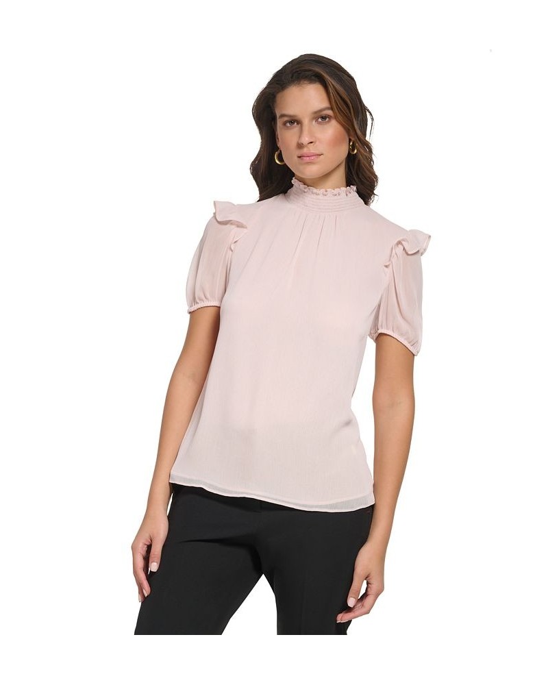 Women's Ruffled Mock Neck Puff-Sleeve Top White $24.77 Tops