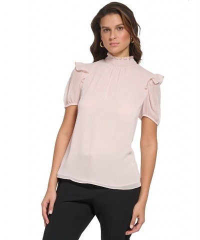 Women's Ruffled Mock Neck Puff-Sleeve Top White $24.77 Tops