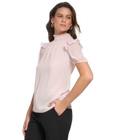 Women's Ruffled Mock Neck Puff-Sleeve Top White $24.77 Tops