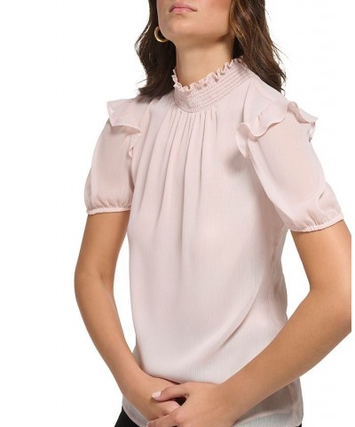 Women's Ruffled Mock Neck Puff-Sleeve Top White $24.77 Tops