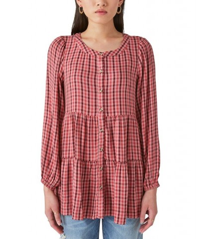 Women's Plaid-Print Tiered Tunic Top Red $45.77 Tops