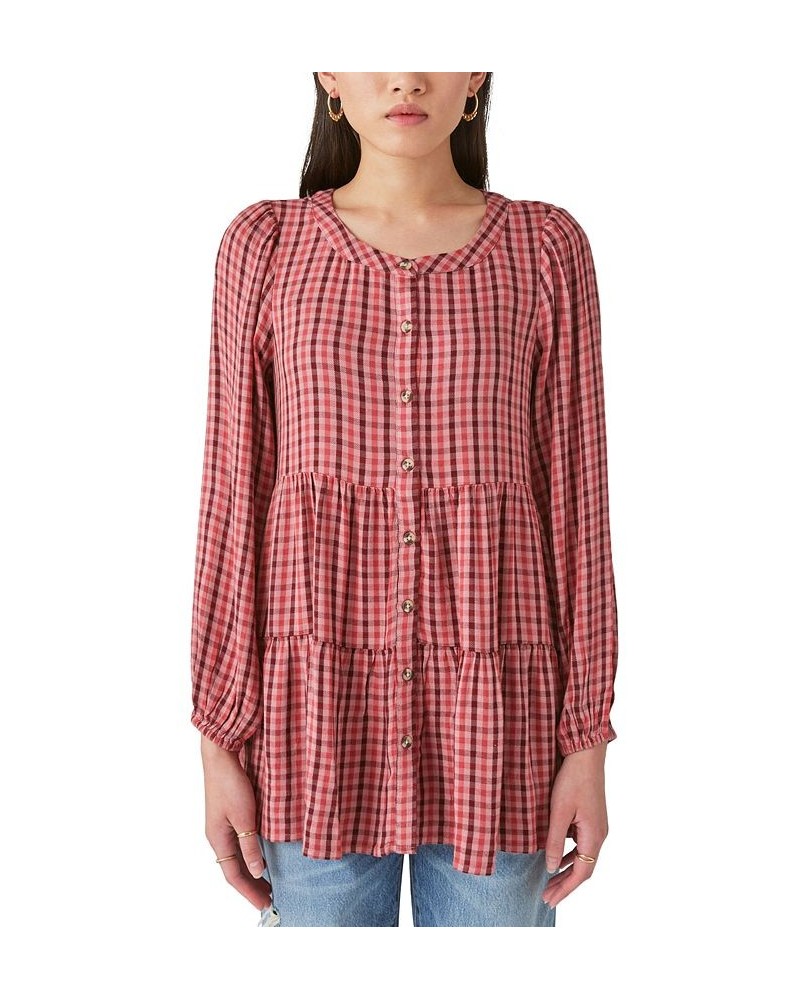 Women's Plaid-Print Tiered Tunic Top Red $45.77 Tops