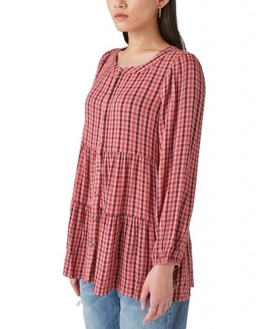 Women's Plaid-Print Tiered Tunic Top Red $45.77 Tops