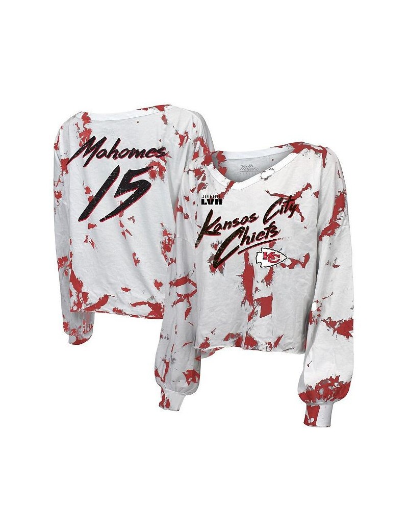 Women's Kansas City Chiefs Super Bowl LVII Off-Shoulder Tie-Dye Name and Number Long Sleeve V-Neck T-shirt White $30.80 Tops