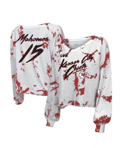 Women's Kansas City Chiefs Super Bowl LVII Off-Shoulder Tie-Dye Name and Number Long Sleeve V-Neck T-shirt White $30.80 Tops