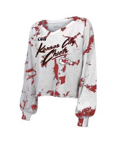 Women's Kansas City Chiefs Super Bowl LVII Off-Shoulder Tie-Dye Name and Number Long Sleeve V-Neck T-shirt White $30.80 Tops