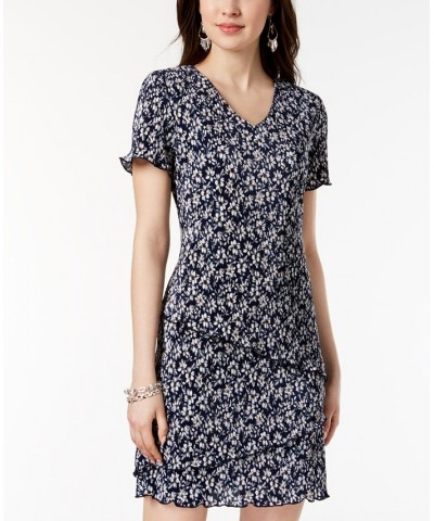 Plus Size Floral-Print Pleated Tiered Dress Blue $35.60 Dresses