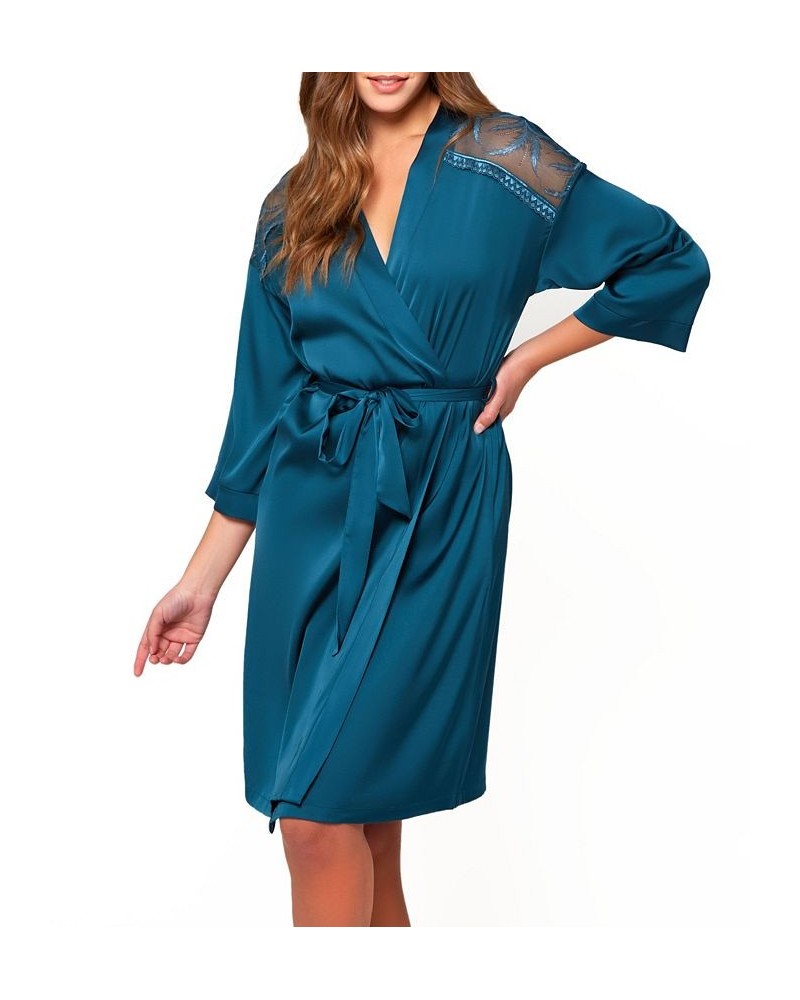 Women's Lucile Satin and Lace Robe Teal $39.72 Lingerie