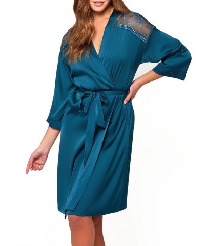 Women's Lucile Satin and Lace Robe Teal $39.72 Lingerie