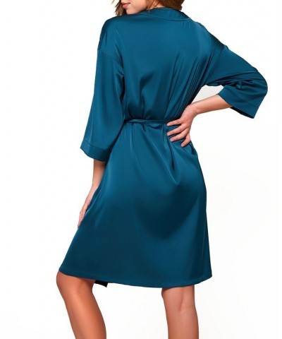 Women's Lucile Satin and Lace Robe Teal $39.72 Lingerie