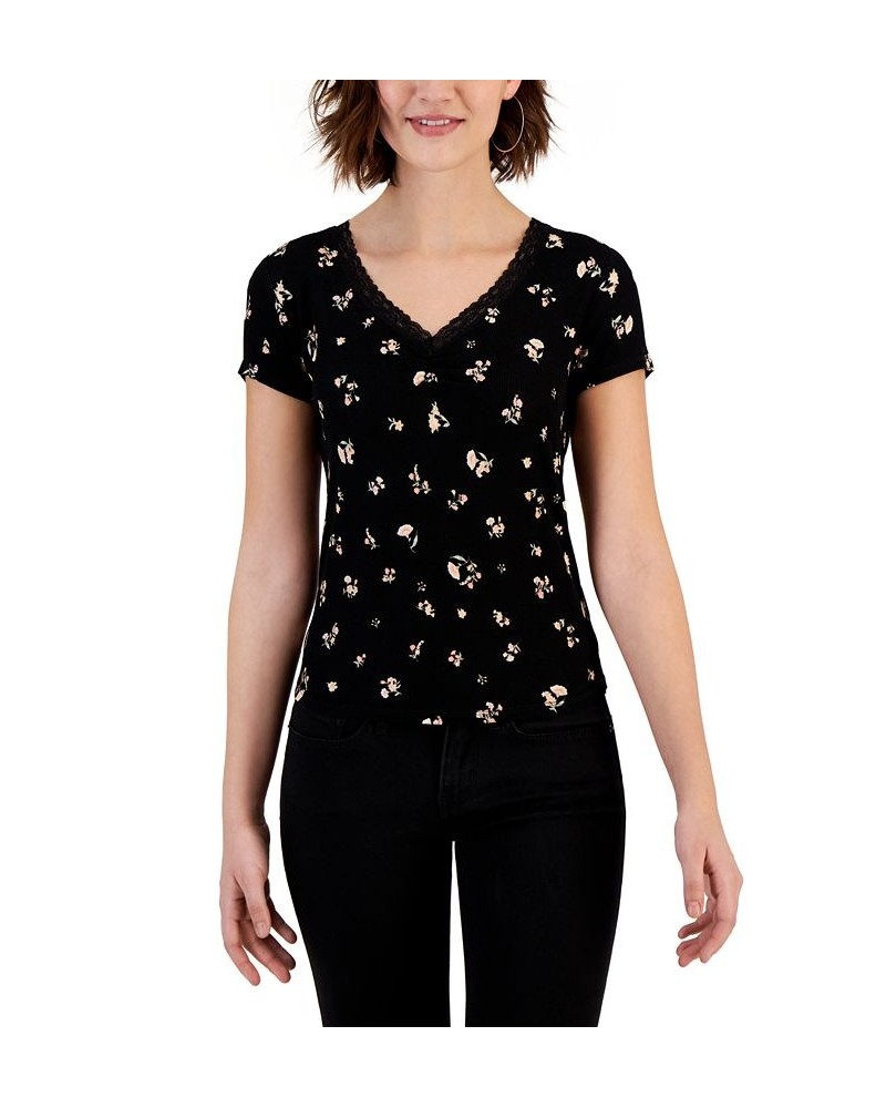 Juniors' Ribbed Floral-Print Lace-Trim Top Black $10.92 Tops