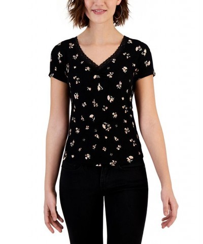 Juniors' Ribbed Floral-Print Lace-Trim Top Black $10.92 Tops