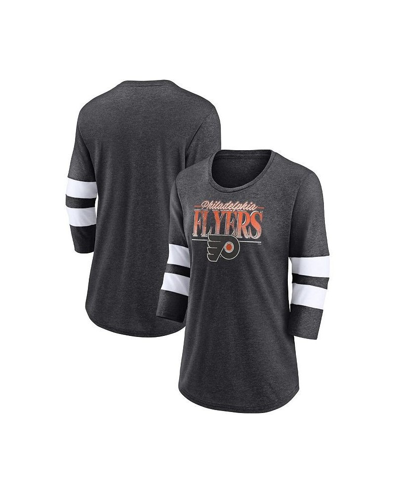 Women's Philadelphia Flyers Full Shield 3/4-Sleeve Tri-Blend Raglan Scoop Neck T-shirt Heathered Charcoal, White $30.77 Tops